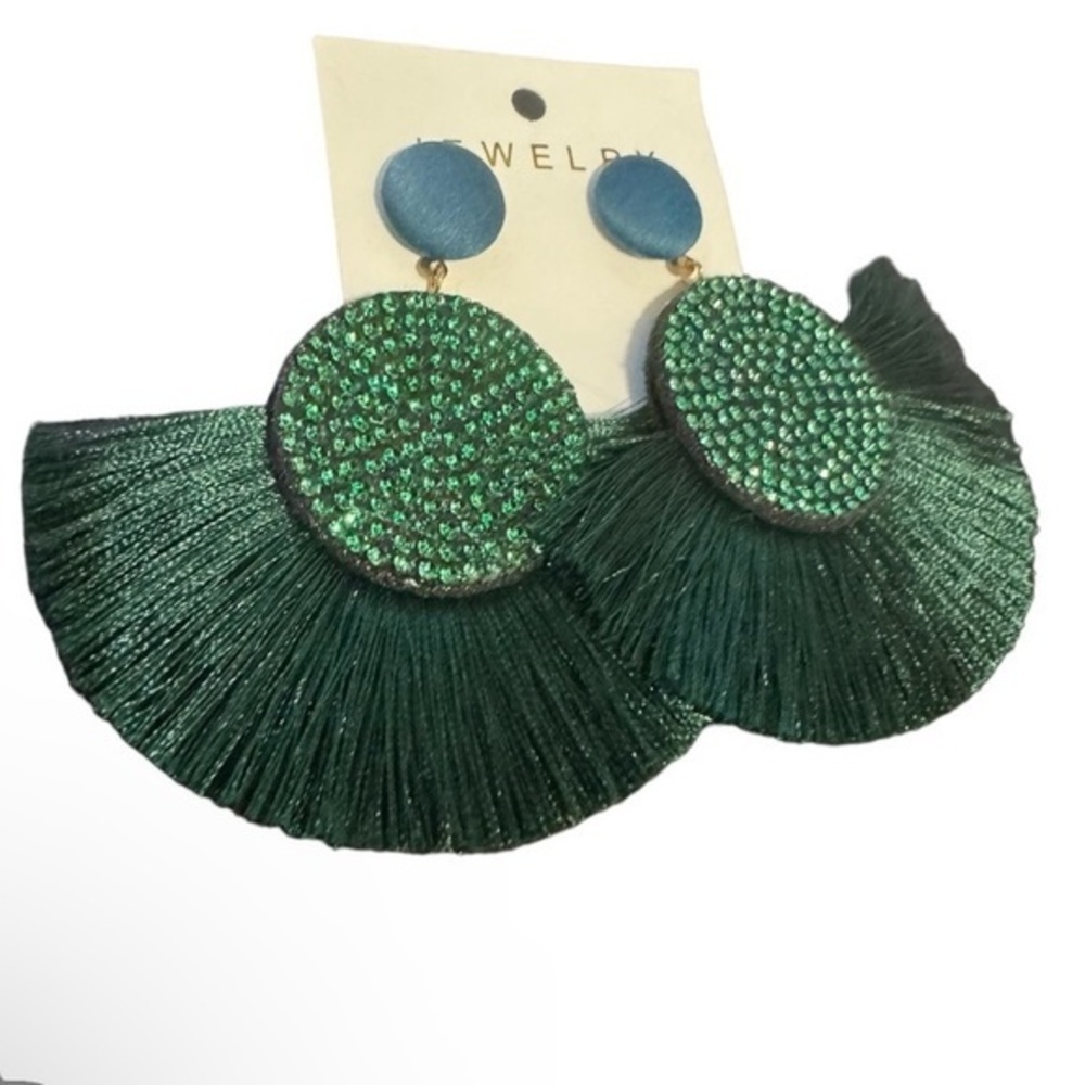 Boho Fringe Earrings Dark Green NWT